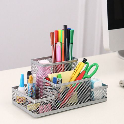 4 Compartments Metal Stationary Organizer Desk Caddy For Office & Home- Silver